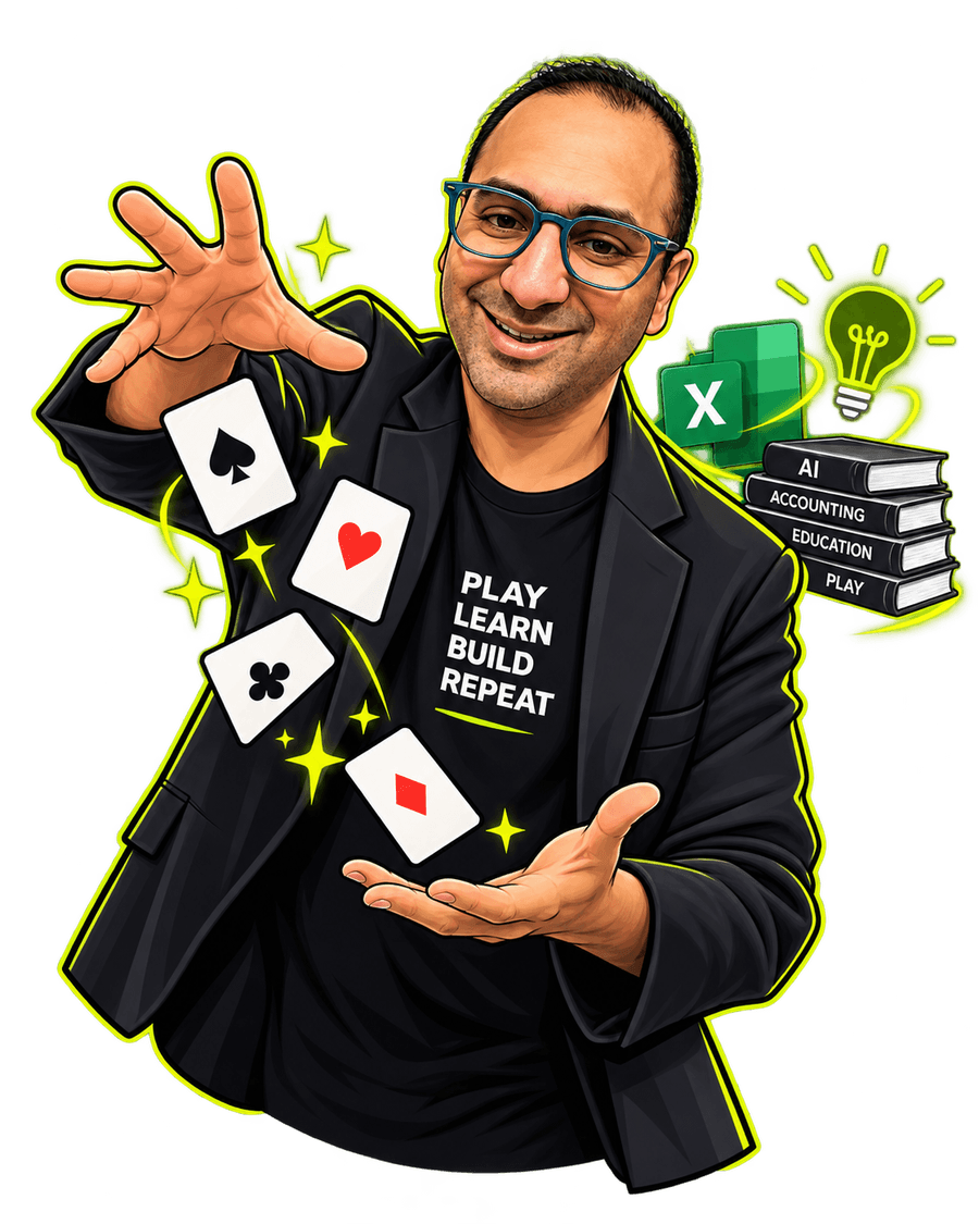 Illustrated caricature of Alym Amlani in a black blazer, fanning playing cards beside a stack of books labelled AI, Accounting, Education, and Play